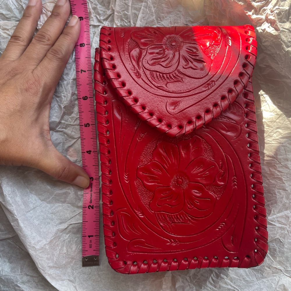 Red Floral Tooled Crossbody Leather Bag, NWOT